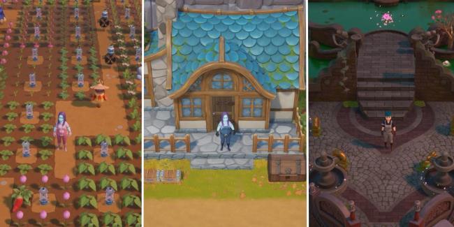 Coral Island center image showing an avatar at the farm, left image showing fall crops, and right image showing an avatar at the Lake Temple.