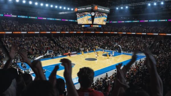 High Angle Establishing Wide Shot of a Whole Arena of Spectators Watching a Basketball Champio<em></em>nship Game.