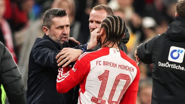 Nenad Bjelica, head coach of Unio<em></em>n Berlin, and Leroy Sane had a difference of opinion on the sideline at the Allianz Arena