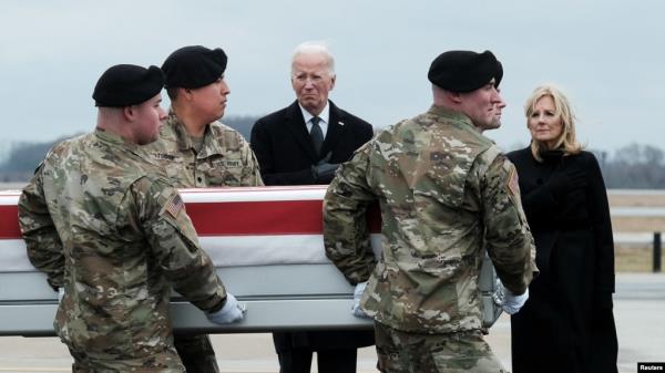 U.S. President Joe Biden and first lady Jill Biden attend the dignified transfer of the remains of Army Reserve Sergeants William Rivers, Kennedy Sanders and Breo<em></em>nna Moffett, who were killed in Jordan, at Dover Air Force ba<em></em>se in Dover, Delaware, on Feb. 2, 2024.