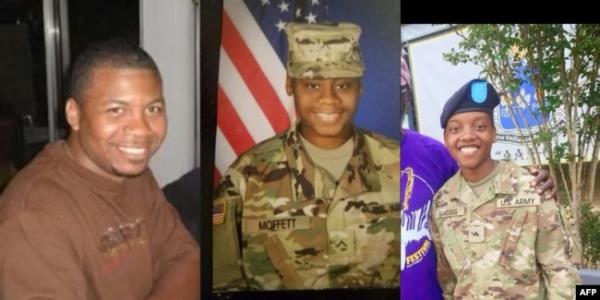 FILE - Handout pictures provided by the U.S. Department of Defense show service members William Jerome Rivers, Breona Moffett and Kennedy Sanders, who were killed in a drone attack on their ba<em></em>se in remote northeastern Jordan, near the Syrian border, on Jan. 28, 2024.